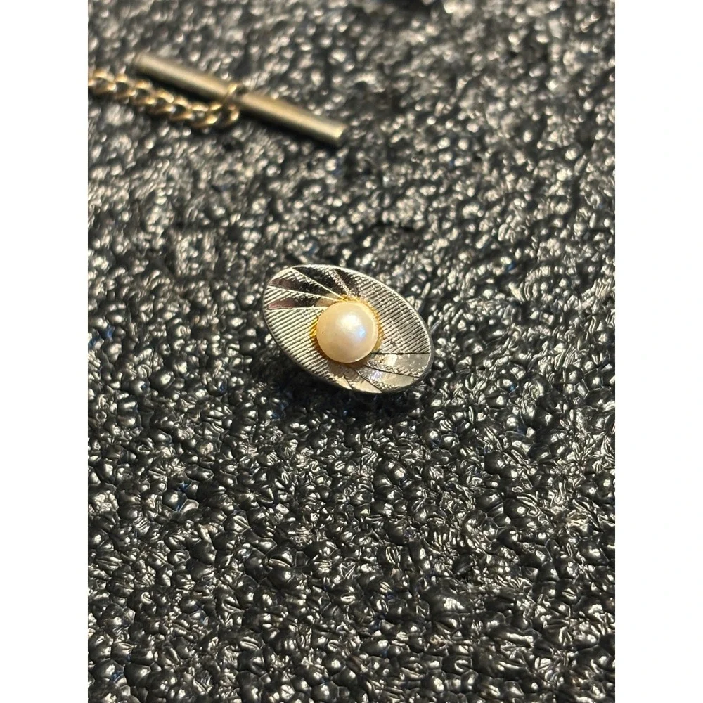 Vintage Sterling Silver sunburst Pearl accent Tie Tack Lapel Pin‎ Chain Clasp
